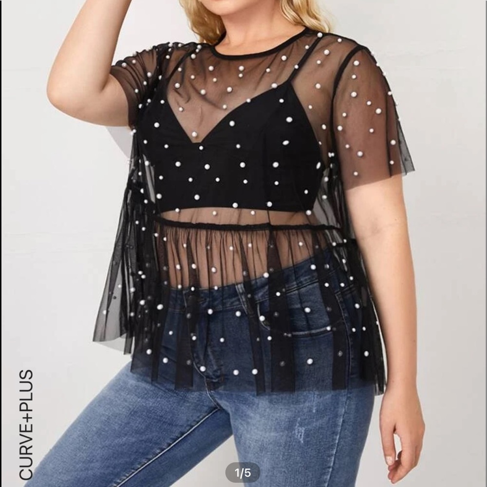 Mesh black pearl blouse